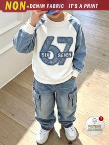 Boys (Small) Sweatshirt Set, White And Blue Colorblock Crew Neck Sweatshirt With Ribbed Collar, Cuffs And Hem, Large Frayed Patchwork Effect Number 67 Print On Chest, Blue Denim-Like Cargo Jogger Pants With Large 3D Cargo Pockets On Both Sides, Overall Blue And White Color Scheme, Fresh And Unified Tone - Multicolor - View 1