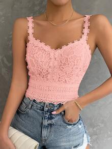 SHEIN Clasi Summer Elegant Sexy Solid Color Lace Camisole Night Out Vacation Pink - Baby Pink - View 3