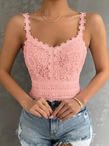SHEIN Clasi Summer Elegant Sexy Solid Color Lace Camisole Night Out Vacation Pink - Baby Pink - View 4