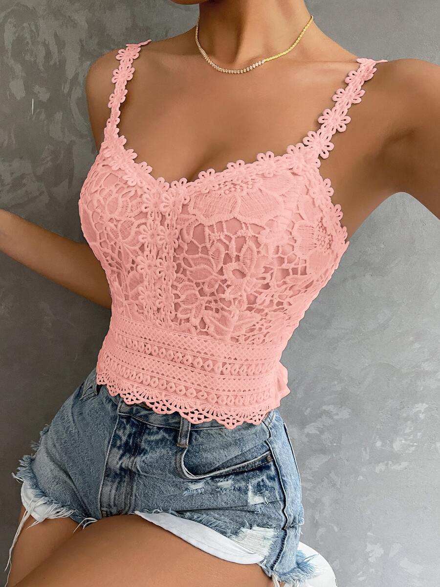 SHEIN Clasi Summer Elegant Sexy Solid Color Lace Camisole Night Out Vacation Pink - Baby Pink - View 1