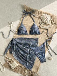 SHEIN Swim Swim SXY 3件組 春夏度假款 隨機花卉印花 金色珍珠裝飾 綁帶三角比基尼上衣、側綁式泳褲及迷你裙 女款性感泳衣套裝 - 彩色 - 查看 4