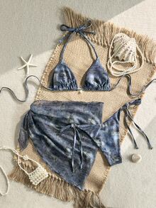 SHEIN Swim Swim SXY 3件組 春夏度假款 隨機花卉印花 金色珍珠裝飾 綁帶三角比基尼上衣、側綁式泳褲及迷你裙 女款性感泳衣套裝 - 彩色 - 查看 2