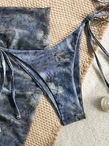 SHEIN Swim Swim SXY 3件組 春夏度假款 隨機花卉印花 金色珍珠裝飾 綁帶三角比基尼上衣、側綁式泳褲及迷你裙 女款性感泳衣套裝 - 彩色 - 查看 5