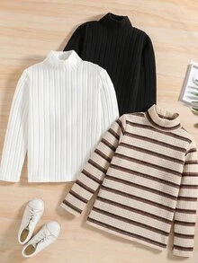 SHEIN 青少年男孩立領休閒百搭日常出遊長袖T恤 - 彩色 - 查看 3