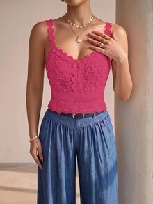 SHEIN Clasi 夏季優雅素色蕾絲細肩帶背心 - 玫紅色 - 查看 7