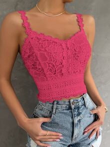 SHEIN Clasi 夏季優雅素色蕾絲細肩帶背心 - 玫紅色 - 查看 5