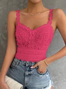SHEIN Clasi 夏季優雅素色蕾絲細肩帶背心 - 玫紅色 - 查看 3