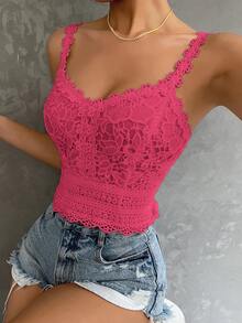 SHEIN Clasi 夏季優雅素色蕾絲細肩帶背心 - 玫紅色 - 查看 1
