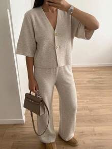 Siren Gaze Soft Textured Knit V-Neck Button Front Top Wide Leg Pants Co-Ord Set Brunch Beige Autumn Minimalist - Apricot - View 3