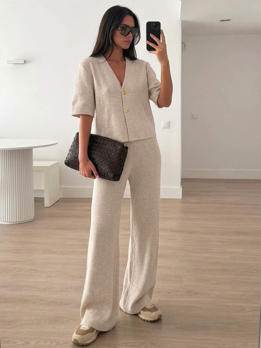 Siren Gaze Soft Textured Knit V-Neck Button Front Top Wide Leg Pants Co-Ord Set Brunch Beige Autumn Minimalist - Apricot - View 1