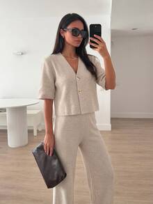 Siren Gaze Soft Textured Knit V-Neck Button Front Top Wide Leg Pants Co-Ord Set Brunch Beige Autumn Minimalist - Apricot - View 4