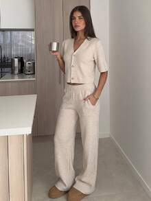 Siren Gaze Soft Textured Knit V-Neck Button Front Top Wide Leg Pants Co-Ord Set Brunch Beige Autumn Minimalist - Apricot - View 5