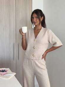 Siren Gaze Soft Textured Knit V-Neck Button Front Top Wide Leg Pants Co-Ord Set Brunch Beige Autumn Minimalist - Apricot - View 6