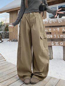 DAZY 女款休閒寬鬆大寬腿弧形腿工裝口袋牛仔褲 - 軍綠色 - 查看 3