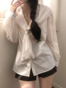 DAZY Solid Sailor Collar Button Front Shirt Fall Long Sleeve Tops - Beige - View 7