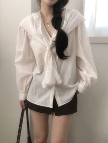 DAZY Solid Sailor Collar Button Front Shirt Fall Long Sleeve Tops - Beige - View 4