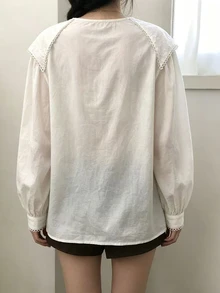 DAZY Solid Sailor Collar Button Front Shirt Fall Long Sleeve Tops - Beige - View 10