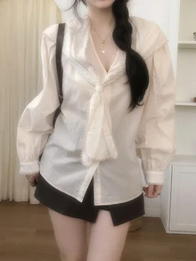 DAZY Solid Sailor Collar Button Front Shirt Fall Long Sleeve Tops - Beige - View 2
