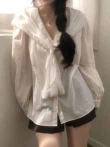 DAZY Solid Sailor Collar Button Front Shirt Fall Long Sleeve Tops - Beige - View 1