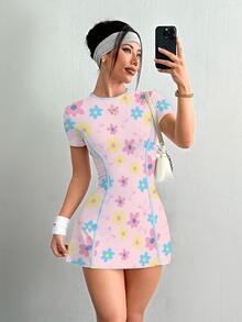 Sovereign Charm 女式网球健身户外修身白色短袖运动连衣裙，配有短裤和手机口袋 - 彩色 - 查看 7