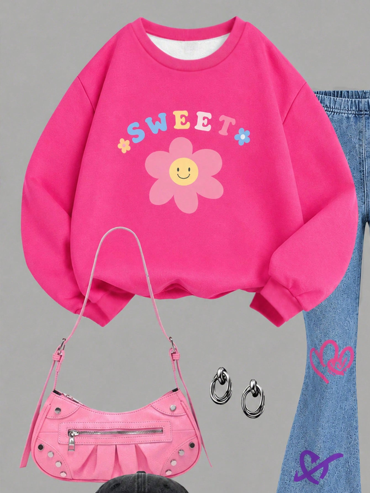 Young Girl Young Girl Young Girl Young Girl Rose Pink Floral Print Sweatshirt & Denim Print Flare Pants Set - Multicolor - View 5