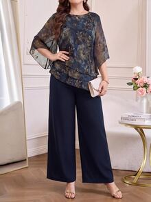 Amorya 女款優雅通勤花卉印花襯衫與長褲兩件套 - 藍色 - 查看 1