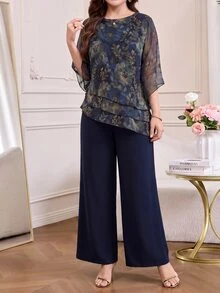 Amorya 女款優雅通勤花卉印花襯衫與長褲兩件套 - 藍色 - 查看 4
