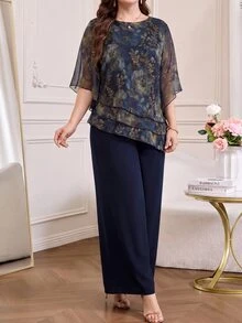 Amorya 女款優雅通勤花卉印花襯衫與長褲兩件套 - 藍色 - 查看 3