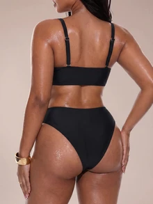 Swim Lushoire Plus Size Women's 2 Pieces Bikini Swimwear Black Summer Beach Essential - Black - View 2