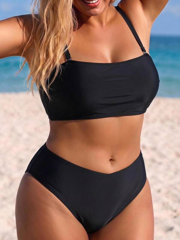 Swim Lushoire Plus Size Women's 2 Pieces Bikini Swimwear Black Summer Beach Essential