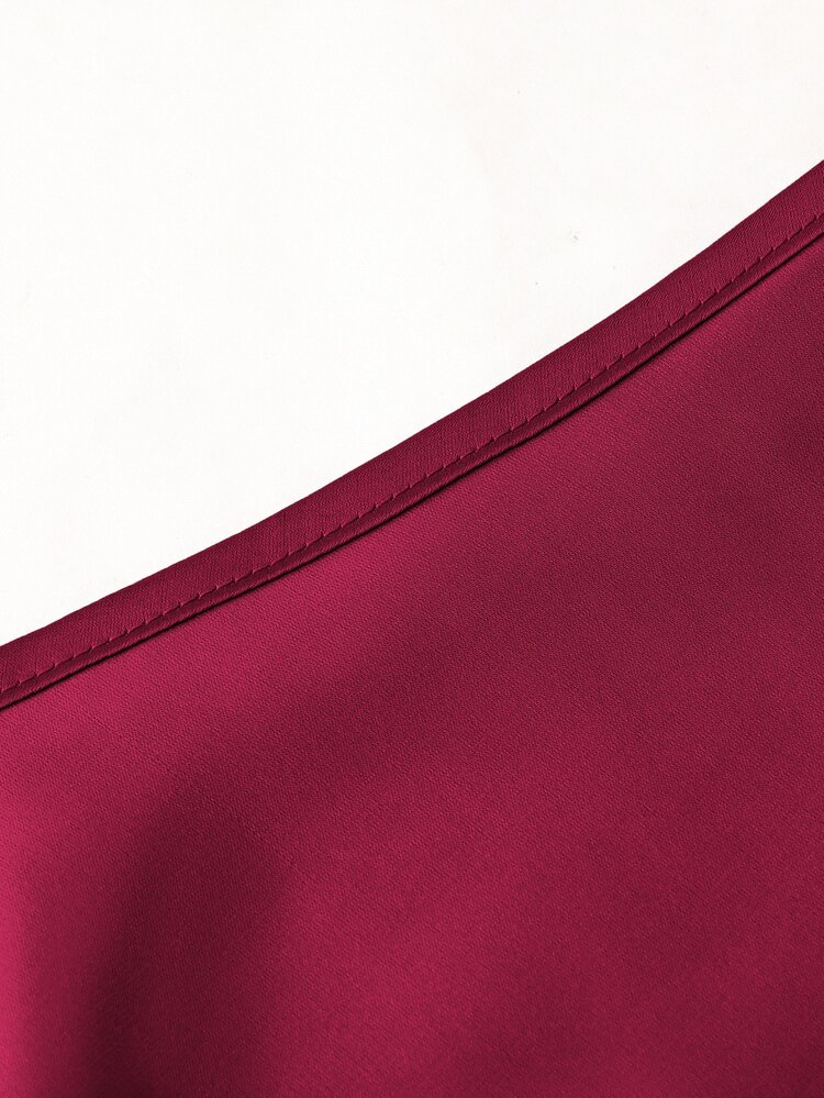 Seusyu Burgundy,Autumn,Elegant,Dining Solid Color Satin Pleated Bowknot Waist Blouse Women Maroon Dark Red Wine Red Formal Top - Burgundy - View 7