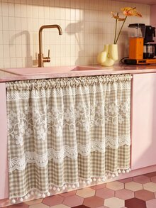 1pc Plaid Pattern Kitchen Short Curtain, With Lace Trim And Pom Pom Decoration, Rod Pocket Top Cabinet Curtain, American Country Pastoral Style Half Curtain, Suitable For Kitchen, Cafe, Bedroom And Other Decorative Curtains - Brown - View 1