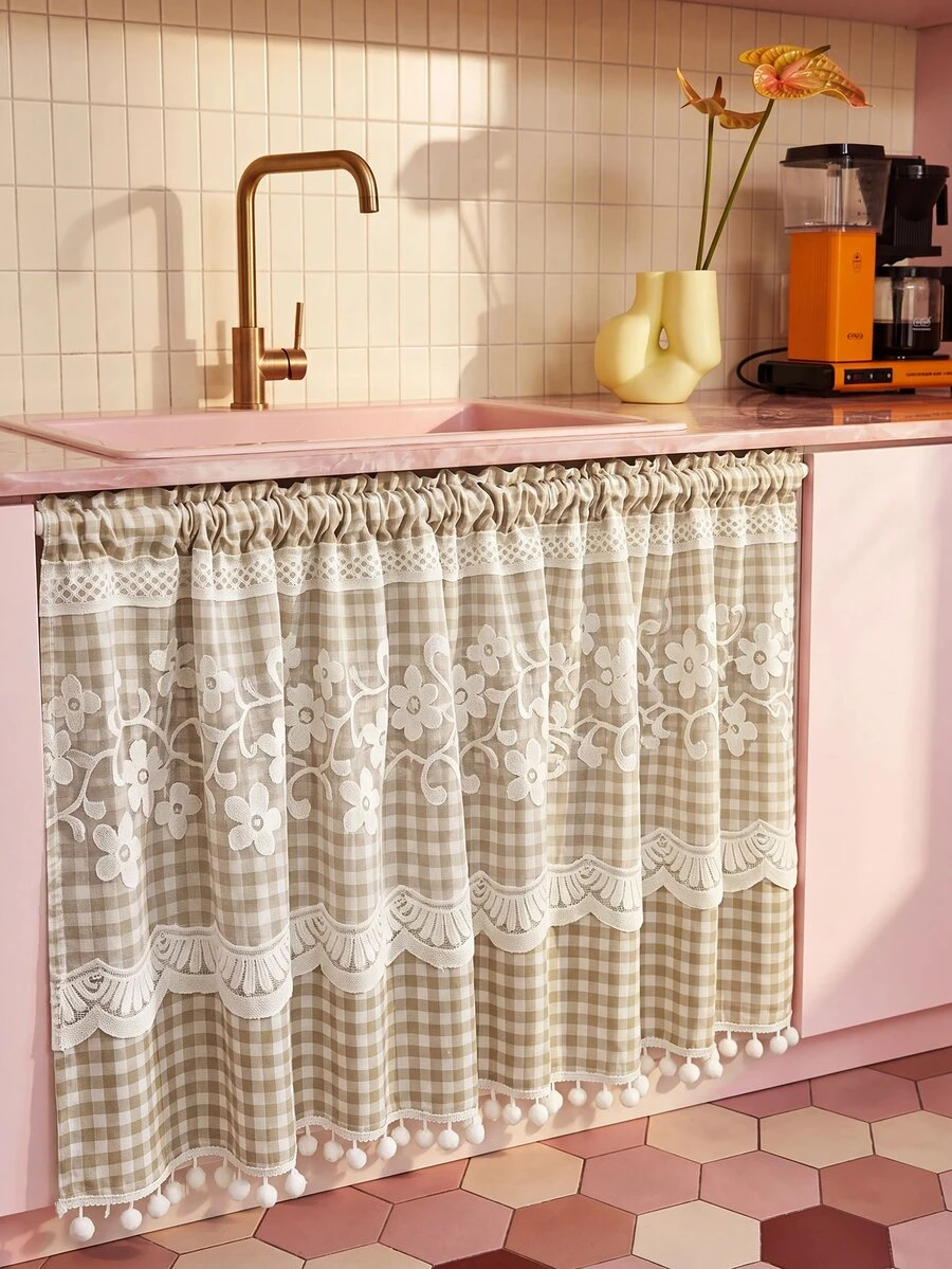 1pc Plaid Pattern Kitchen Short Curtain, With Lace Trim And Pom Pom Decoration, Rod Pocket Top Cabinet Curtain, American Country Pastoral Style Half Curtain, Suitable For Kitchen, Cafe, Bedroom And Other Decorative Curtains - Brown - View 1