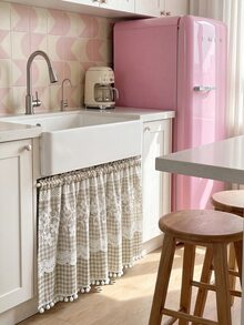 1pc Plaid Pattern Kitchen Short Curtain, With Lace Trim And Pom Pom Decoration, Rod Pocket Top Cabinet Curtain, American Country Pastoral Style Half Curtain, Suitable For Kitchen, Cafe, Bedroom And Other Decorative Curtains - Brown - View 4