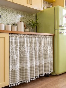 1pc Plaid Pattern Kitchen Short Curtain, With Lace Trim And Pom Pom Decoration, Rod Pocket Top Cabinet Curtain, American Country Pastoral Style Half Curtain, Suitable For Kitchen, Cafe, Bedroom And Other Decorative Curtains - Brown - View 5