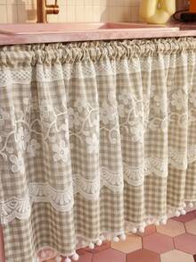 1pc Plaid Pattern Kitchen Short Curtain, With Lace Trim And Pom Pom Decoration, Rod Pocket Top Cabinet Curtain, American Country Pastoral Style Half Curtain, Suitable For Kitchen, Cafe, Bedroom And Other Decorative Curtains - Brown - View 9
