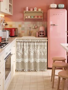 1pc Plaid Pattern Kitchen Short Curtain, With Lace Trim And Pom Pom Decoration, Rod Pocket Top Cabinet Curtain, American Country Pastoral Style Half Curtain, Suitable For Kitchen, Cafe, Bedroom And Other Decorative Curtains - Brown - View 7