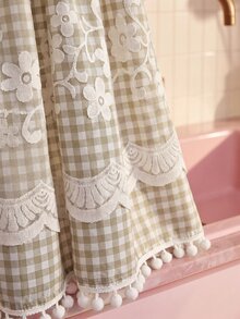1pc Plaid Pattern Kitchen Short Curtain, With Lace Trim And Pom Pom Decoration, Rod Pocket Top Cabinet Curtain, American Country Pastoral Style Half Curtain, Suitable For Kitchen, Cafe, Bedroom And Other Decorative Curtains - Brown - View 2