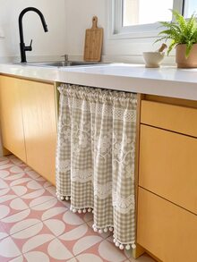1pc Plaid Pattern Kitchen Short Curtain, With Lace Trim And Pom Pom Decoration, Rod Pocket Top Cabinet Curtain, American Country Pastoral Style Half Curtain, Suitable For Kitchen, Cafe, Bedroom And Other Decorative Curtains - Brown - View 6