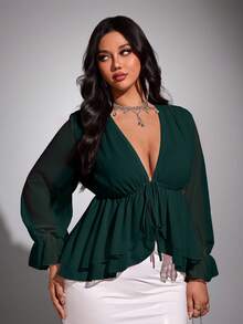 Viva Relle Plus Size Chiffon Sexy Bow Blouse Sexy-Bow Fall - Dark Green - View 5