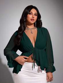 Viva Relle Plus Size Chiffon Sexy Bow Blouse Sexy-Bow Fall - Dark Green - View 2