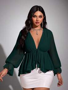 Viva Relle Plus Size Chiffon Sexy Bow Blouse Sexy-Bow Fall - Dark Green - View 4
