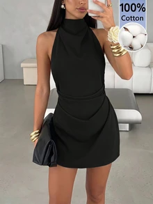 Aloruh 女款性感時尚百褶掛脖綁帶洋裝，黑色夏季夜店聚會穿搭 - 黑色 - 查看 2