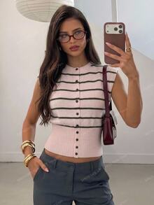 Aloruh Women's Autumn/Winter New Pink Striped Round Neck Cinched Waist Loose Single-Breasted Cardigan Sweater, Suitable For Back To School, Casual, Warm, Short Sleeve, Layering, Commuting, Daily, Streetwear - Pink - View 9
