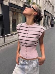 Aloruh Women's Autumn/Winter New Pink Striped Round Neck Cinched Waist Loose Single-Breasted Cardigan Sweater, Suitable For Back To School, Casual, Warm, Short Sleeve, Layering, Commuting, Daily, Streetwear - Pink - View 2