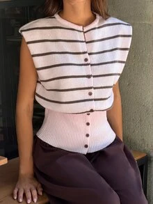 Aloruh Women's Autumn/Winter New Pink Striped Round Neck Cinched Waist Loose Single-Breasted Cardigan Sweater, Suitable For Back To School, Casual, Warm, Short Sleeve, Layering, Commuting, Daily, Streetwear - Pink - View 5