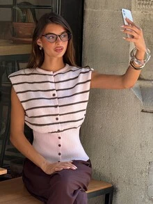 Aloruh Women's Autumn/Winter New Pink Striped Round Neck Cinched Waist Loose Single-Breasted Cardigan Sweater, Suitable For Back To School, Casual, Warm, Short Sleeve, Layering, Commuting, Daily, Streetwear - Pink - View 8