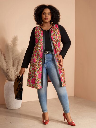 BrightlyHer Chaleco chaqueta sin mangas con cremallera y cuello redondo bordado en bloques de color rosa fucsia para mujer talla grande, estilo vintage casual elegante, formal de otoño, para maestra