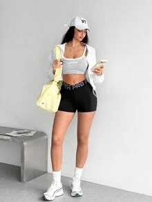 SHEIN Dewbera Cross-Waist Butt-Lifting Yoga Shorts With Pockets Gym Pilates Black Summer - Black - View 6
