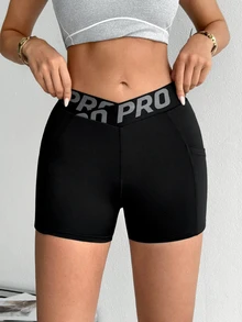 SHEIN Dewbera Cross-Waist Butt-Lifting Yoga Shorts With Pockets Gym Pilates Black Summer - Black - View 3